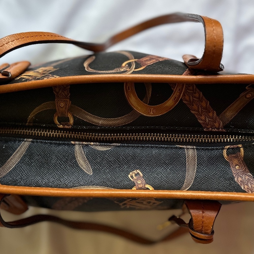 Ralph Lauren Black/Brown Equestrian Print PVC And Leather Shopper Tote - Picture 5 of 8
